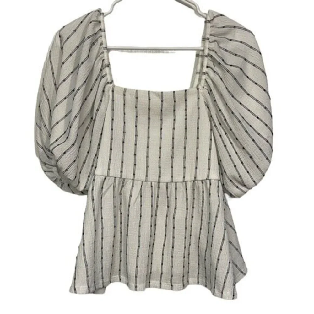 Madewell Puff Sleeve Empire Top Blouse Black White Stripe Size Med EUC #2721